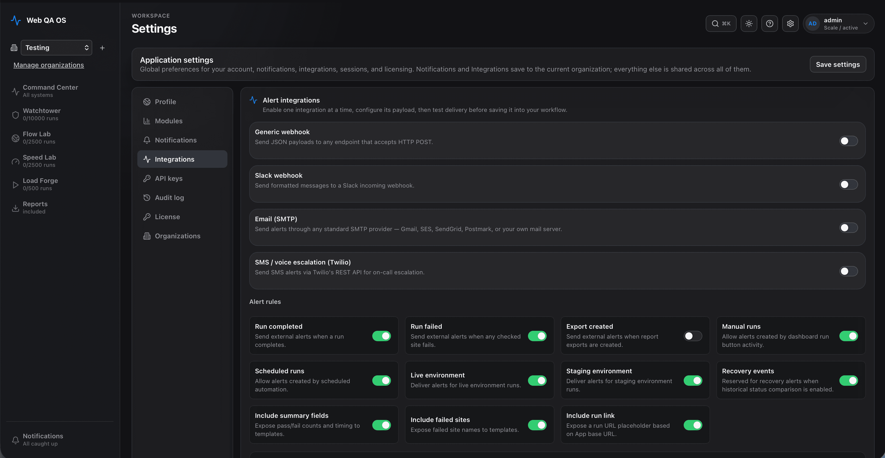 Web QA OS settings — alert integrations and alert rules